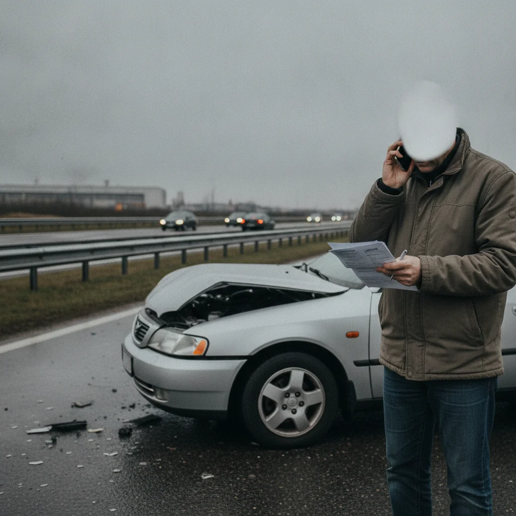 A driver holding insurance documents and talking on the phone next to a damaged vehicle on the roadside