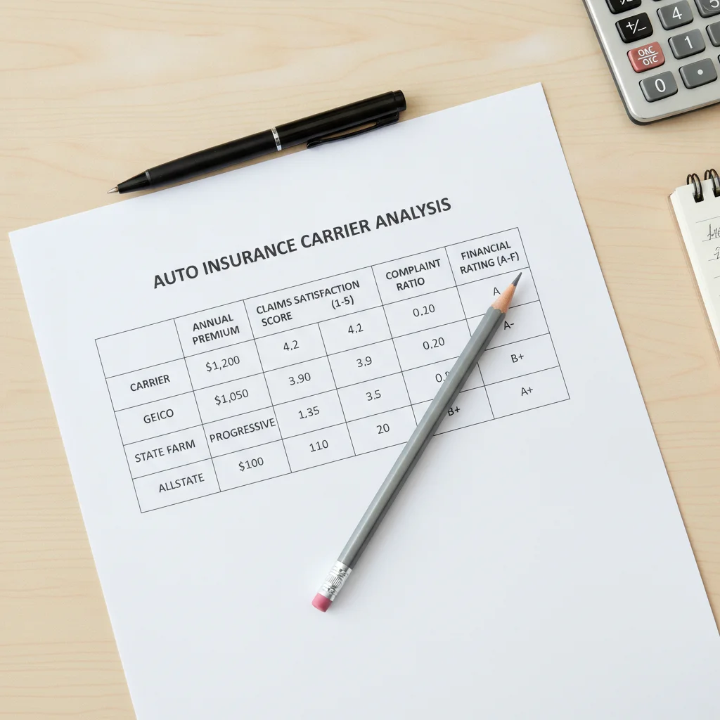 A printed comparison table showing four auto insurance carriers rated on premium, satisfaction, complaints, and financial strength