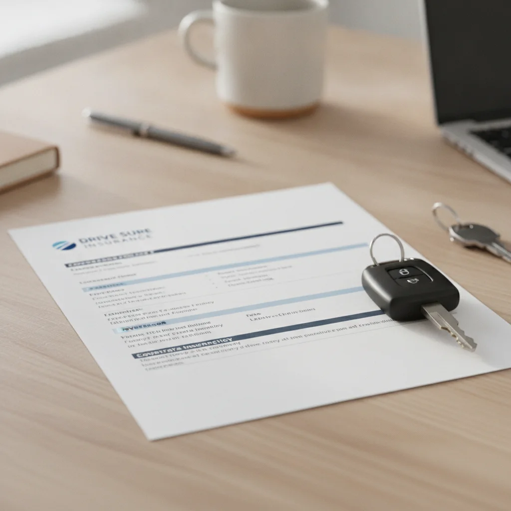 A car insurance policy document on a desk next to a vehicle key, representing policy review