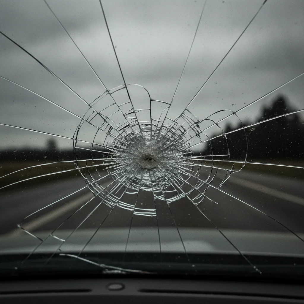 A cracked car windshield with a spider-web fracture pattern caused by road debris