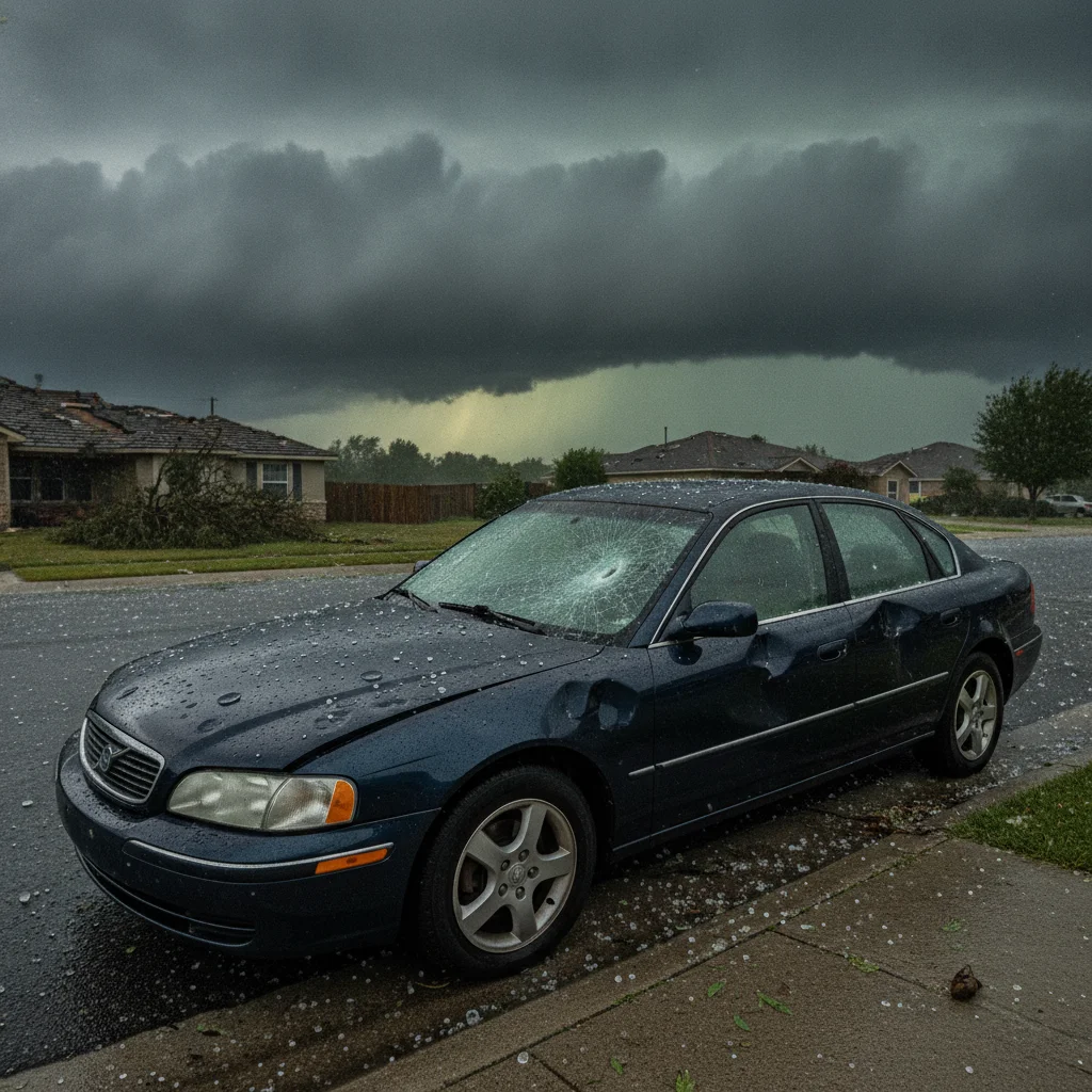 A car with hail damage covering the hood and roof after a severe storm
