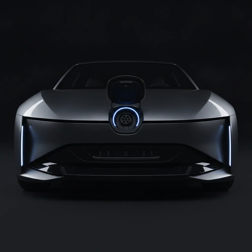 Close-up of an electric vehicle's front fascia showing charging port and embedded sensors