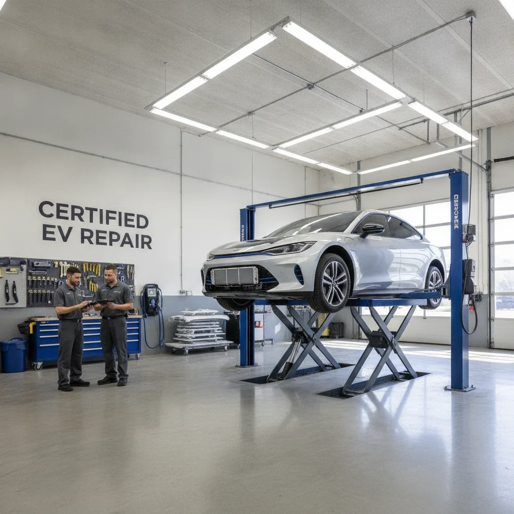 Electric vehicle raised on a lift at a certified auto body repair shop with technicians reviewing diagnostics