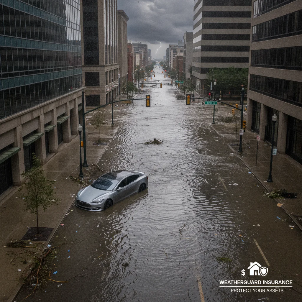 Electric vehicle partially submerged on a flooded urban street under an overcast sky