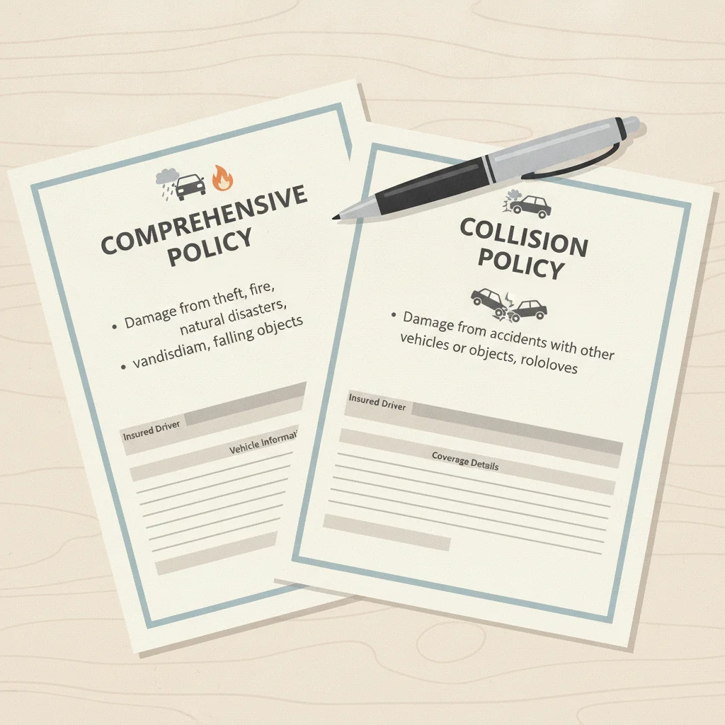 Two car insurance policy documents labeled comprehensive and collision placed side by side on a desk