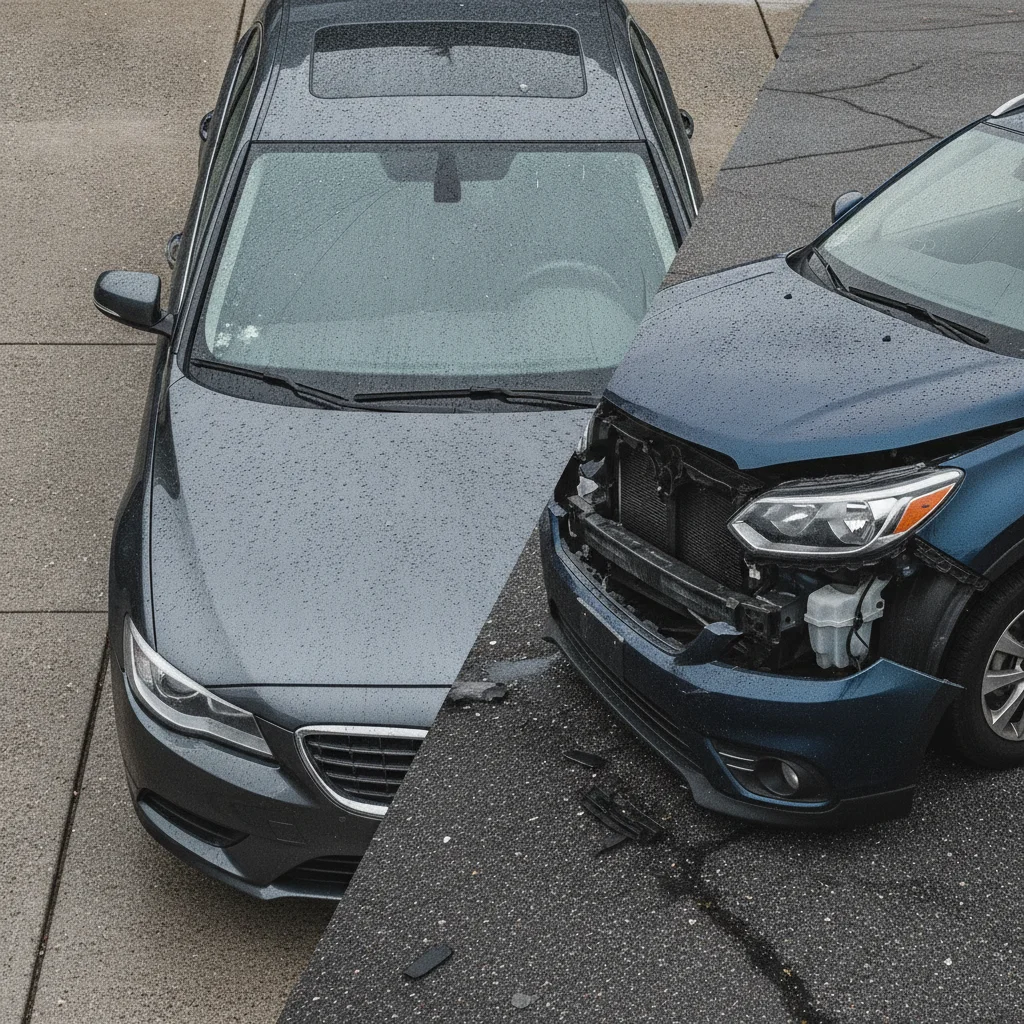 Hail-damaged car hood compared to collision-damaged front bumper showing different damage types