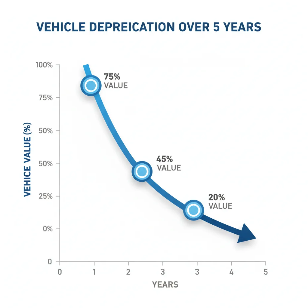 A depreciation curve graph showing steep early value loss flattening over five years.