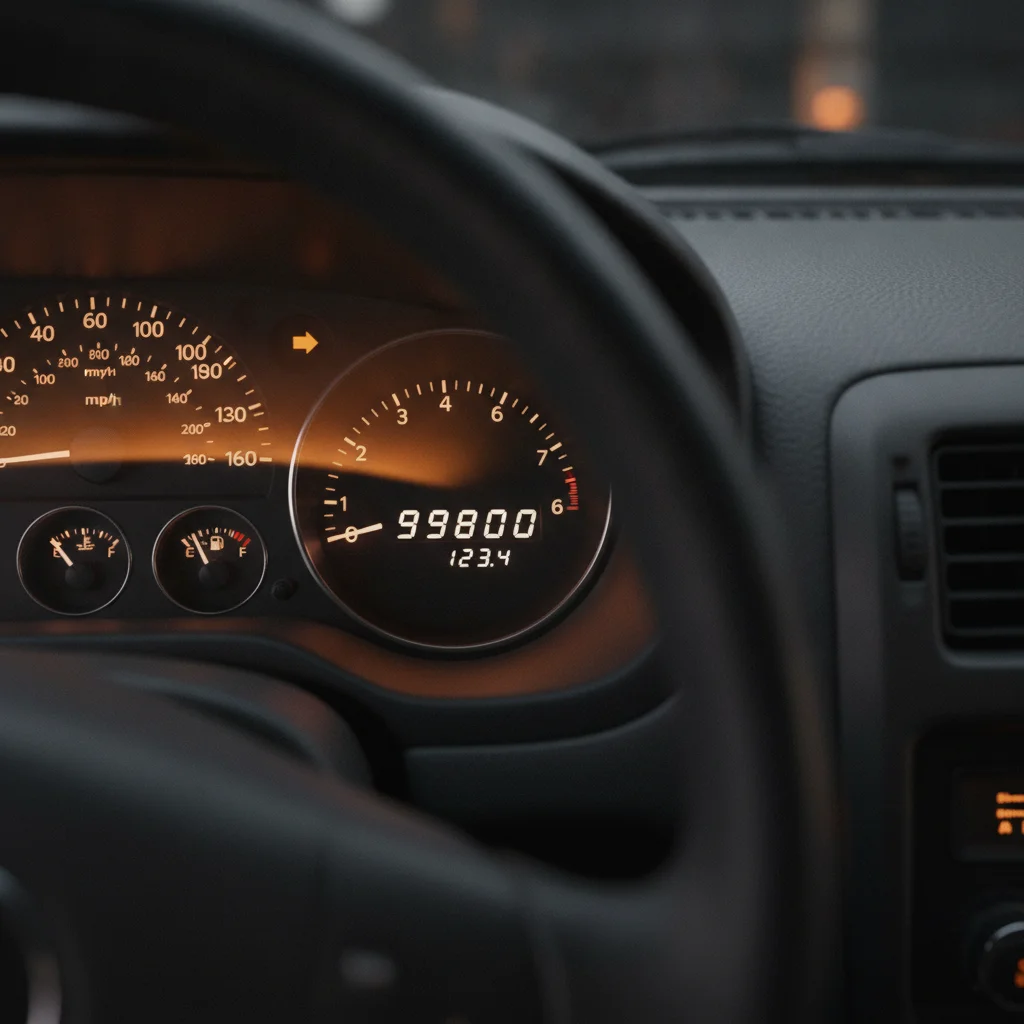 Car odometer showing just under 100,000 miles on the dashboard instrument cluster.