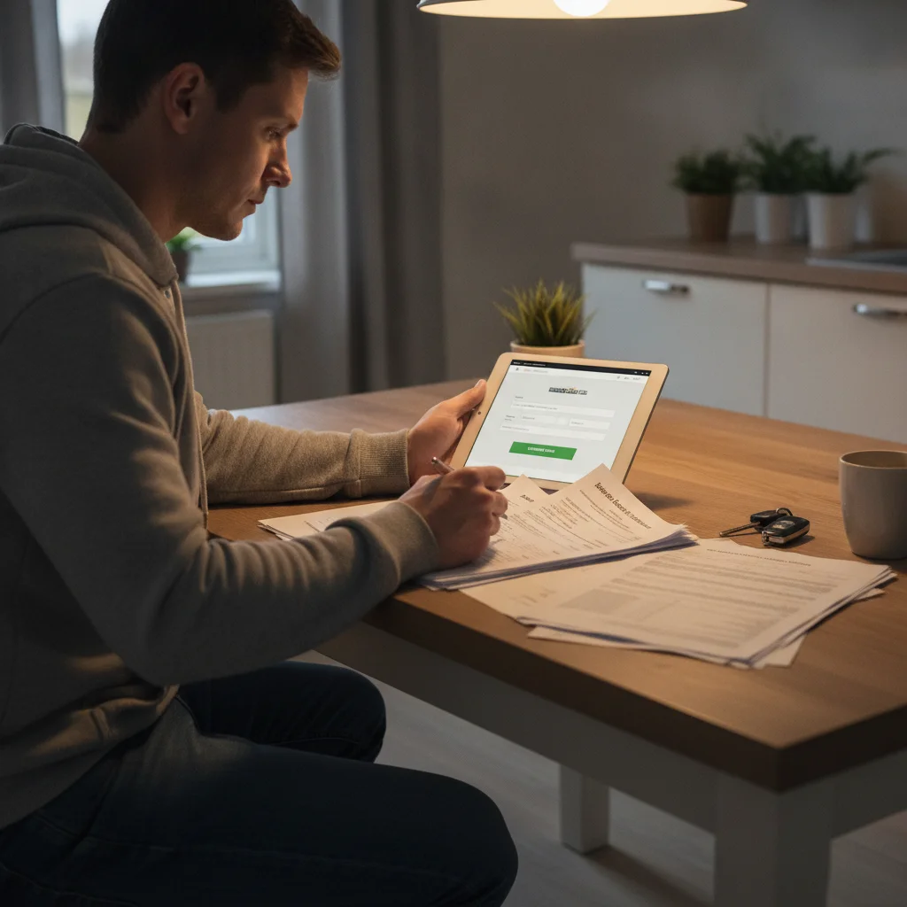 A car seller reviewing service records and an online pricing tool before listing their vehicle.