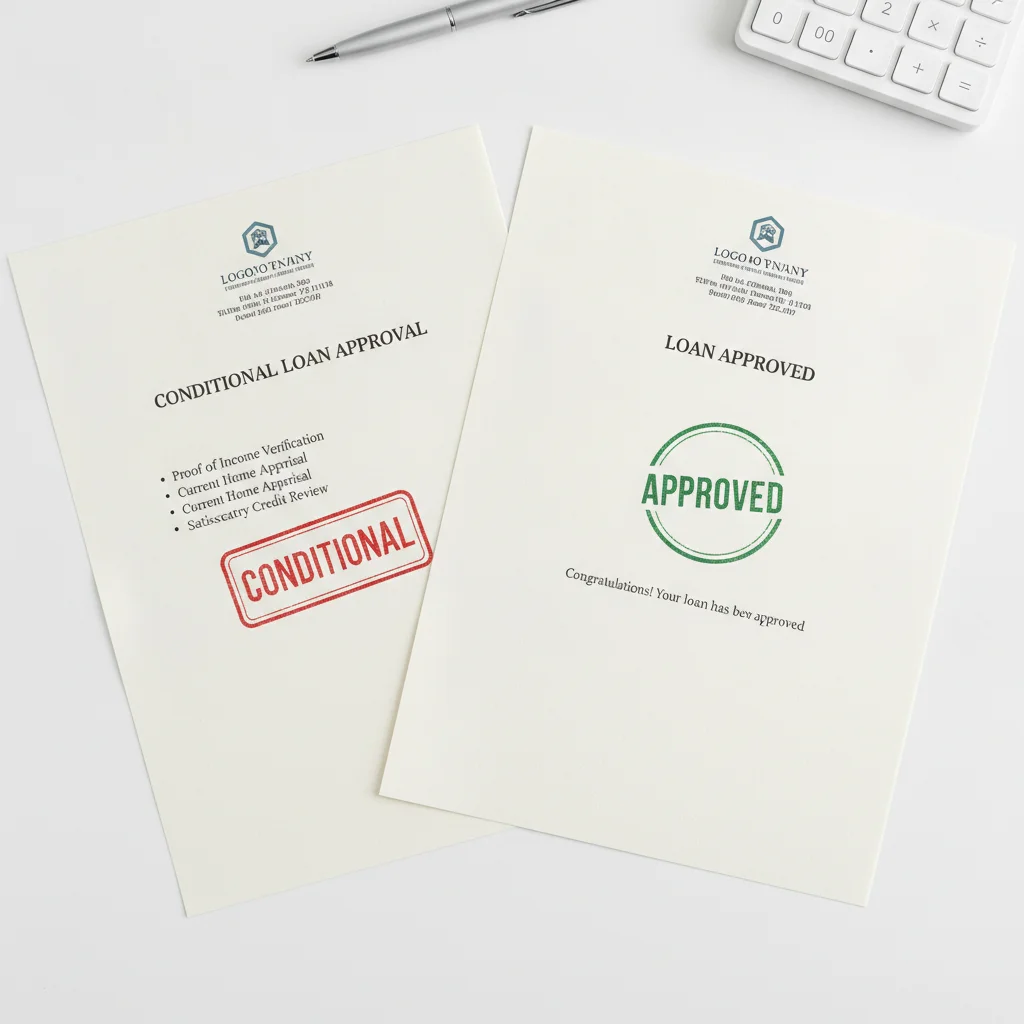 Two auto loan preapproval letters on a desk, one conditional and one firm approval