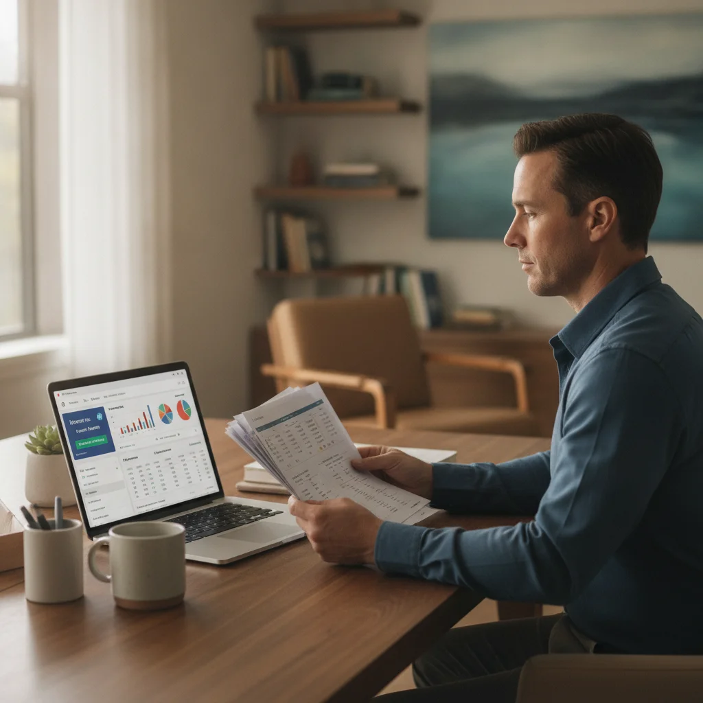 Person reviewing auto loan documents and a lender's online portal on a laptop