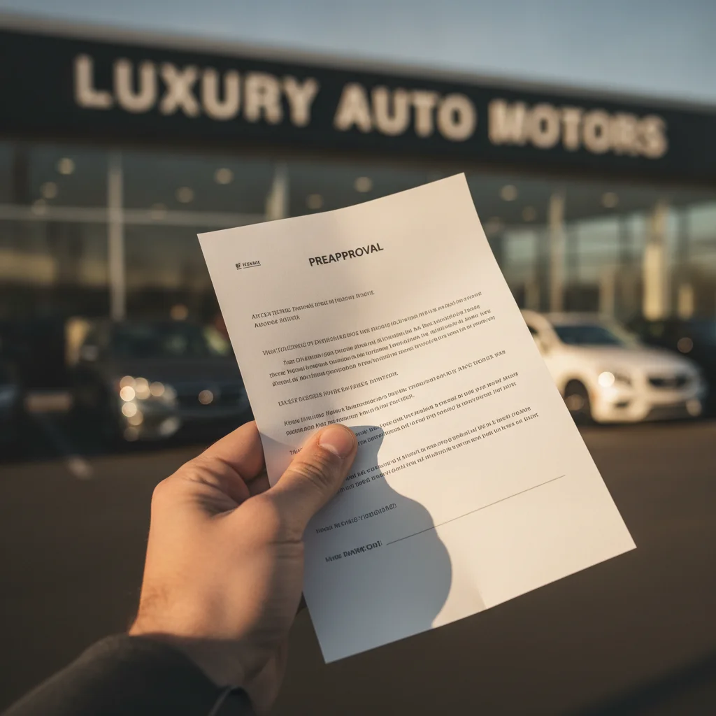 Person holding a firm loan preapproval letter outside a car dealership