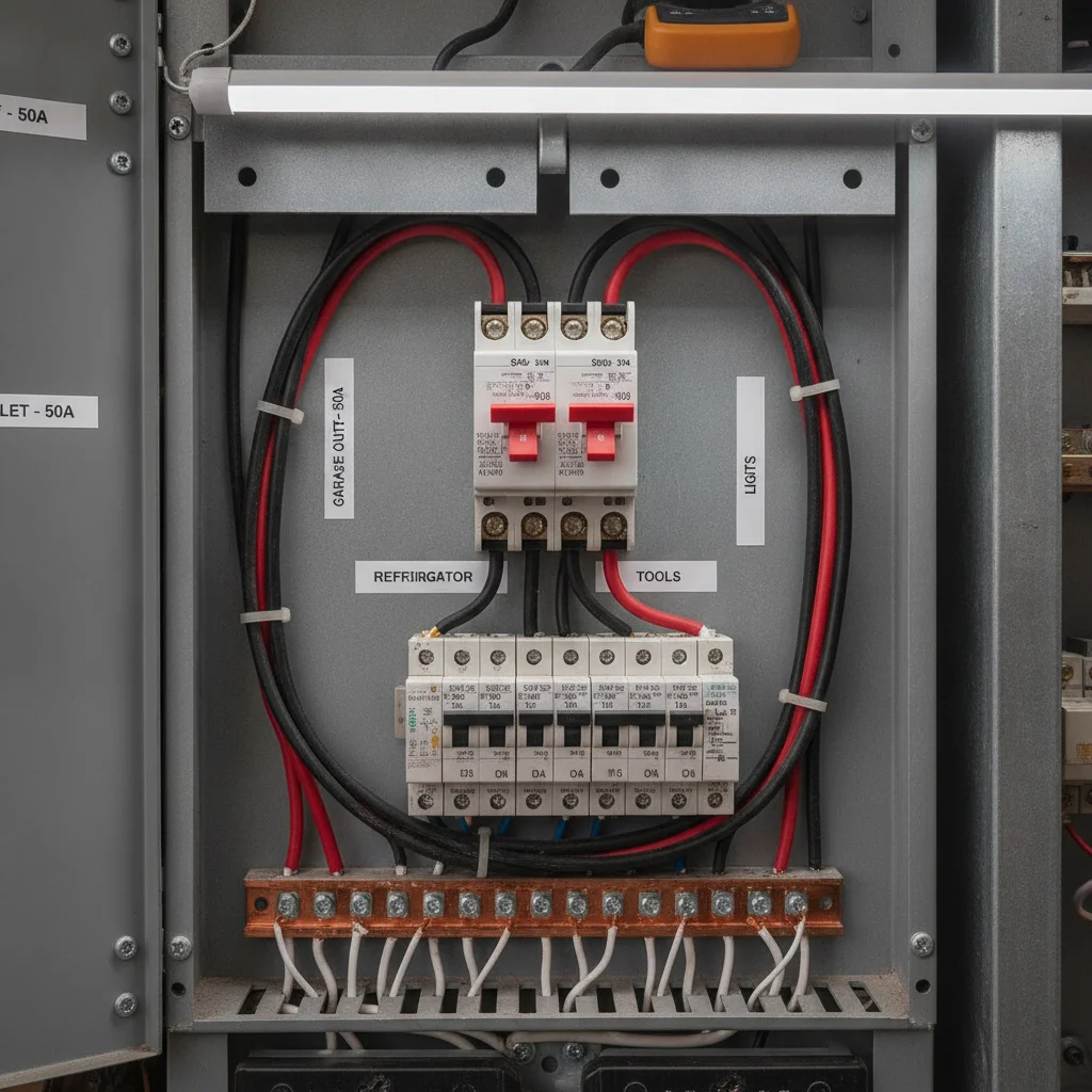 Residential electrical panel with a 50-amp double-pole breaker installed for EV charger circuit