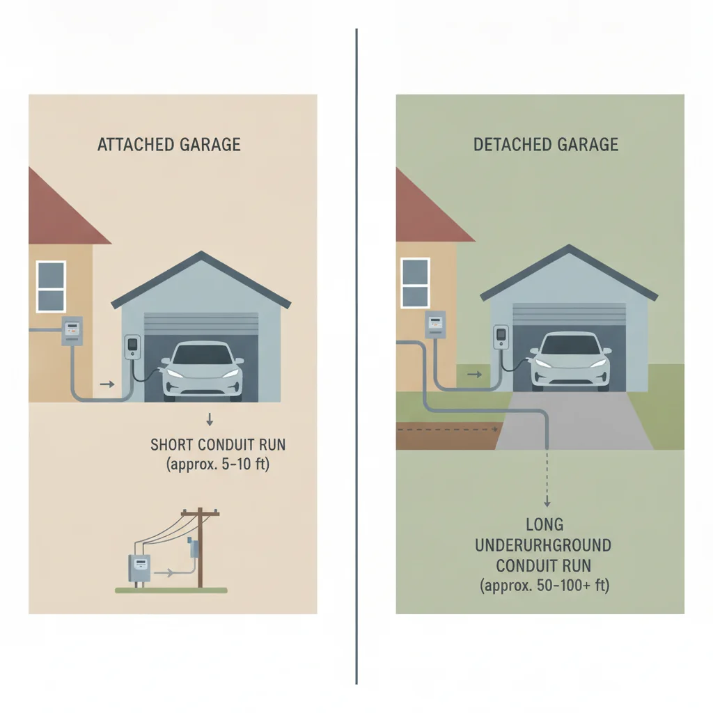Comparison diagram of short indoor conduit run versus long underground run to a detached garage