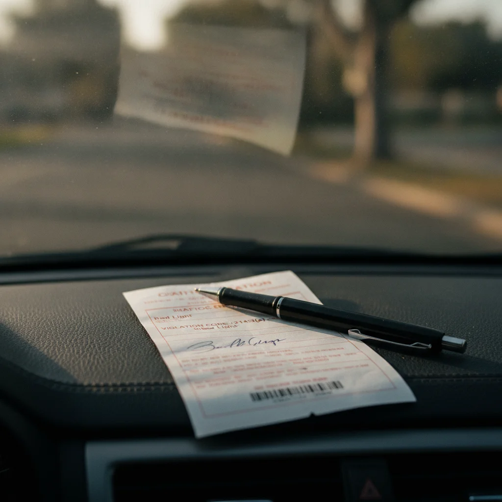 Traffic citation ticket resting on a car dashboard with a pen placed on top of it