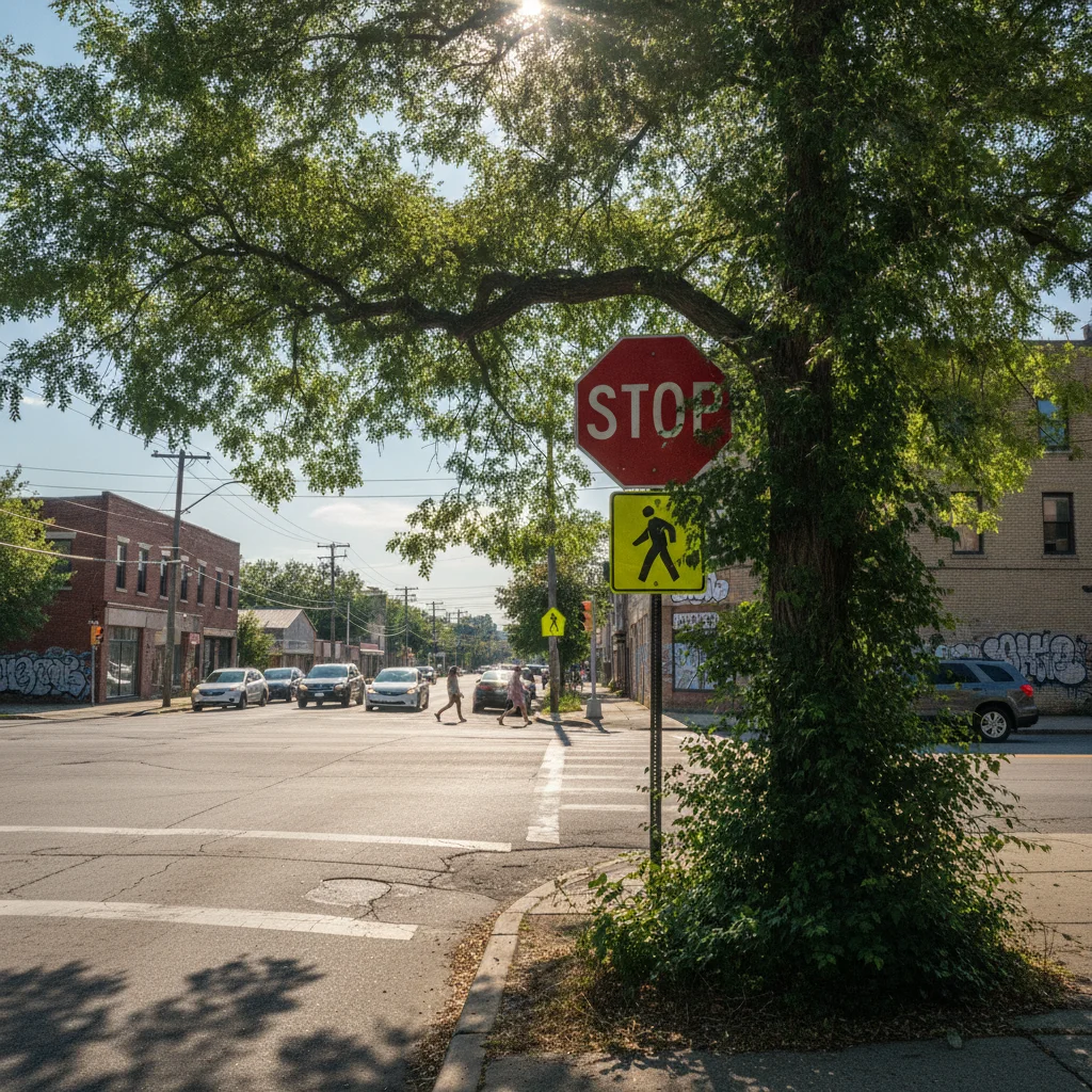 A stop sign partially hidden behind overgrown tree branches at a road intersection