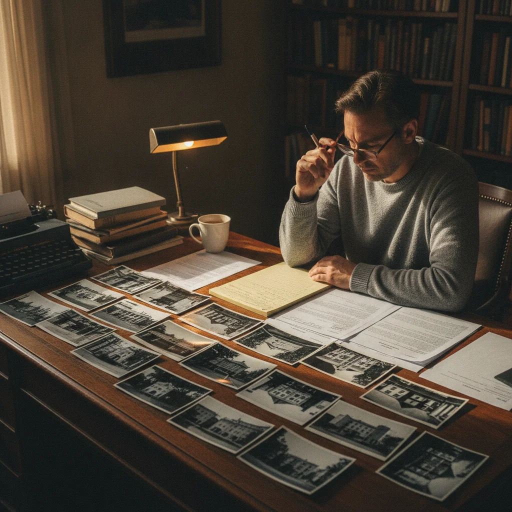 Person organizing traffic court evidence including documents and photographs on a desk
