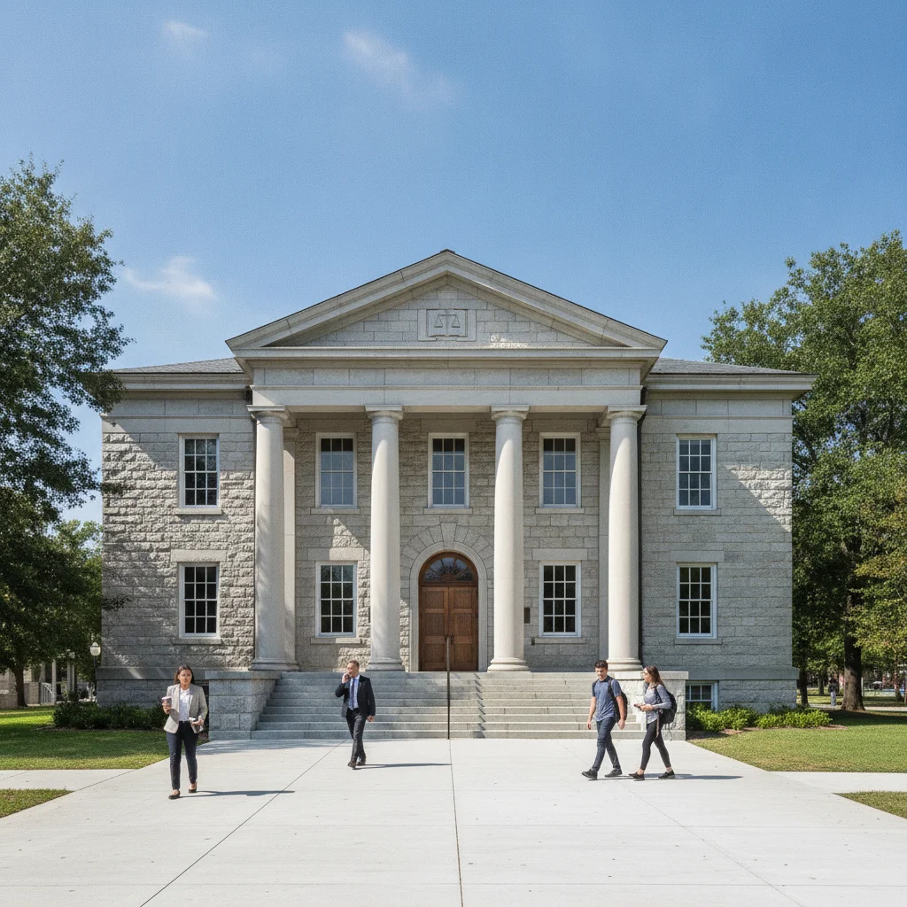 Exterior of a small municipal courthouse with stone steps and classical architectural columns