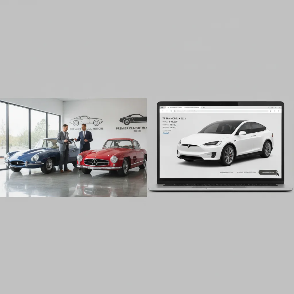 Side by side comparison of a car dealership showroom and an online car buying website on a laptop