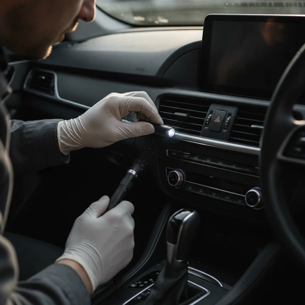 Hands inspecting a car interior during a pre-purchase physical inspection in natural daylight