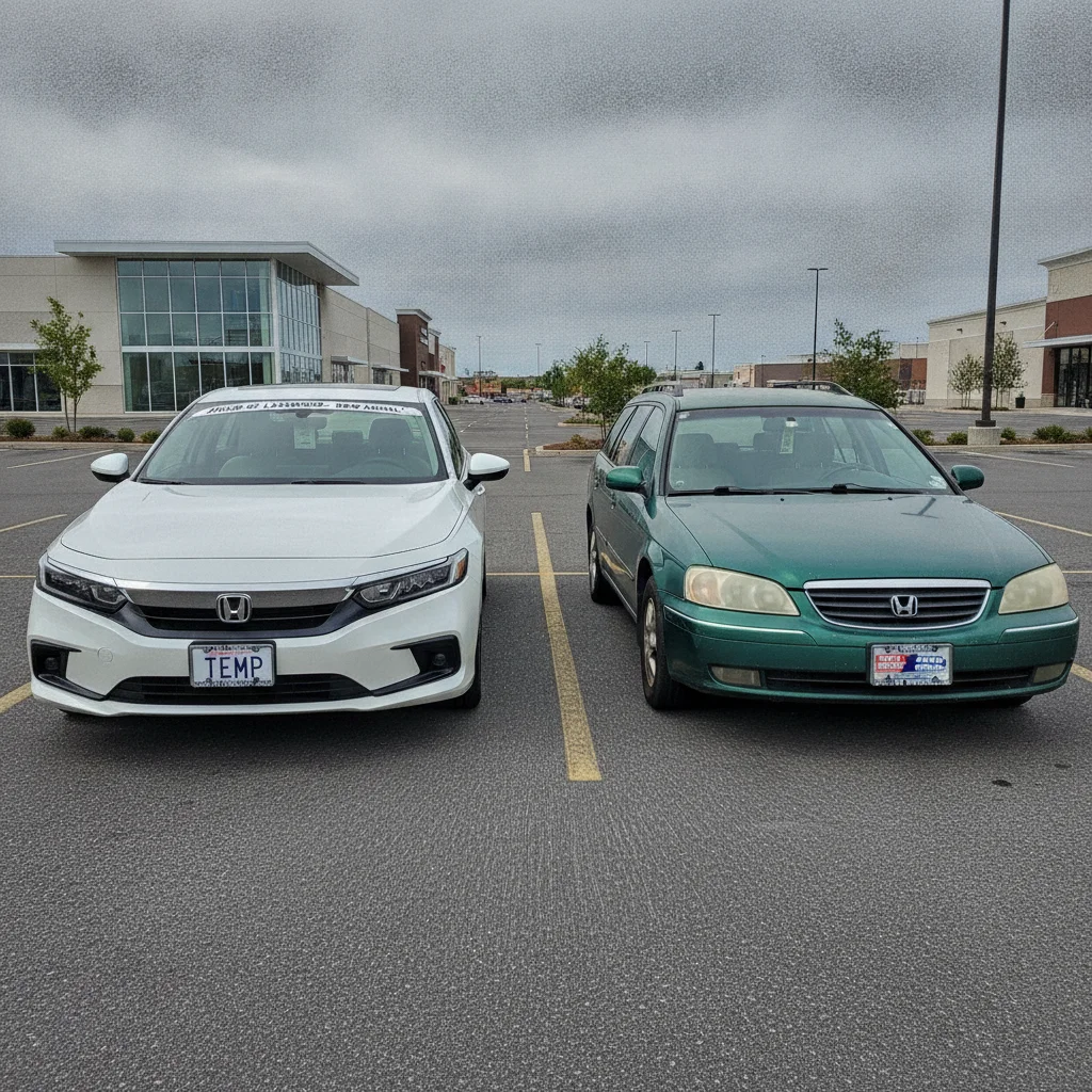 New and used car parked side by side in a parking lot showing contrasting vehicle conditions