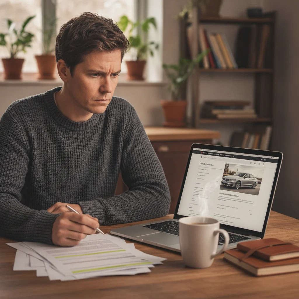 Person carefully reviewing online car purchase documents on laptop at home kitchen table