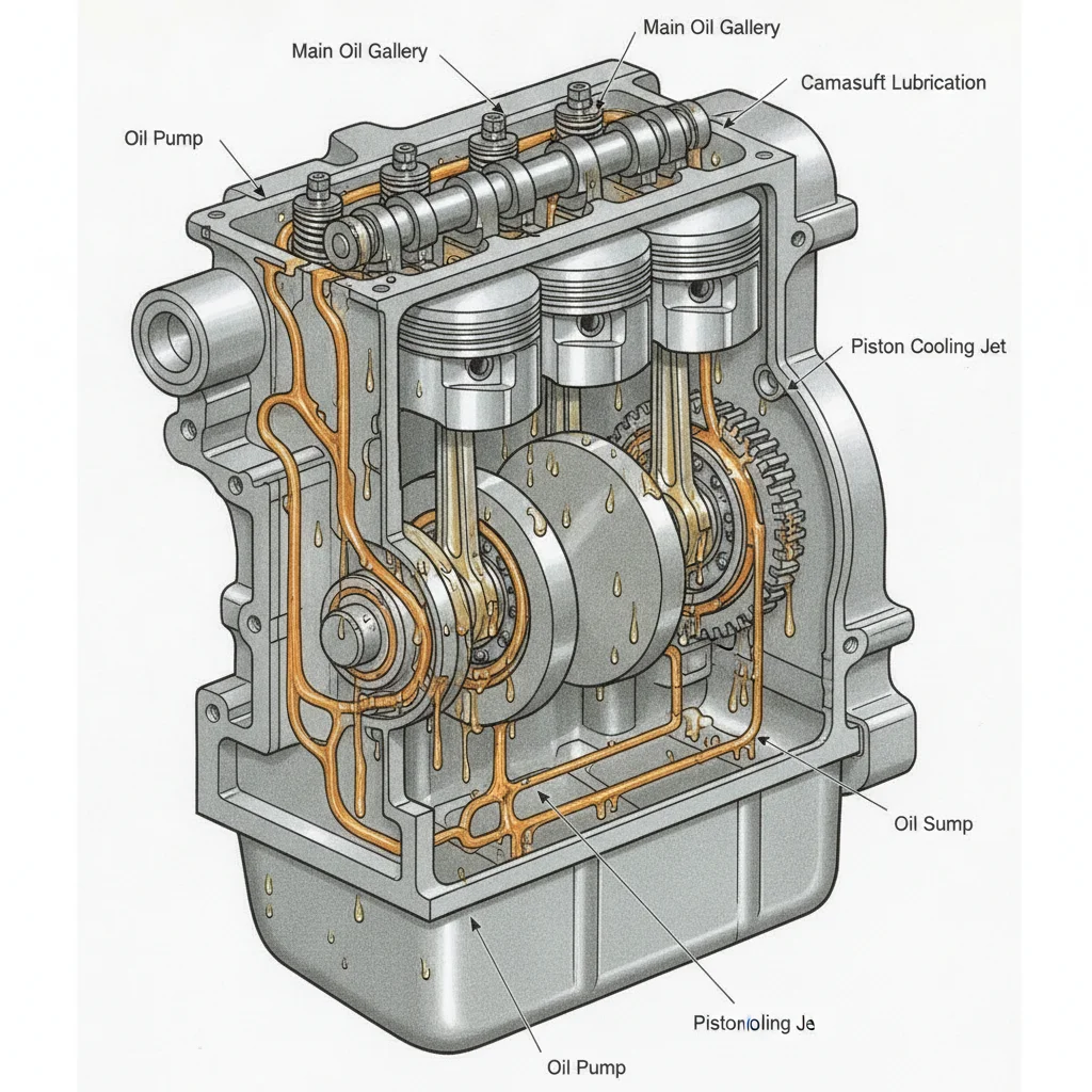 Technical illustration showing motor oil flowing through engine components and coating metal surfaces