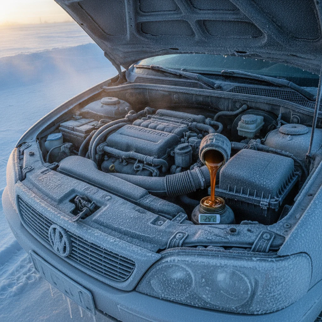 Vehicle engine bay in a frost-covered winter setting illustrating cold-start conditions for motor oil