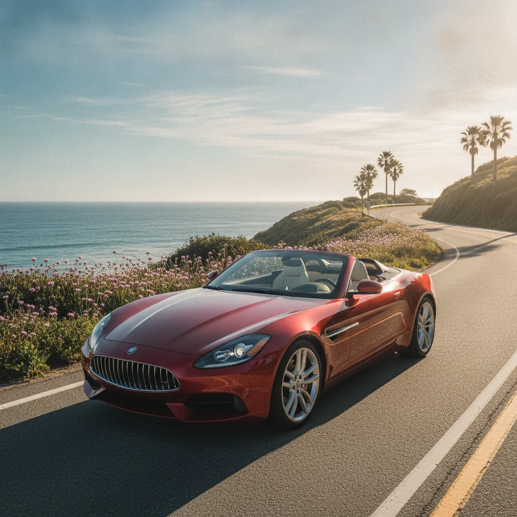 A convertible with its top down parked on a sunny road in spring light.