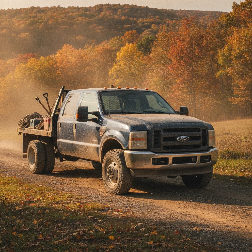 A heavy-duty pickup truck on a rural road surrounded by autumn foliage.