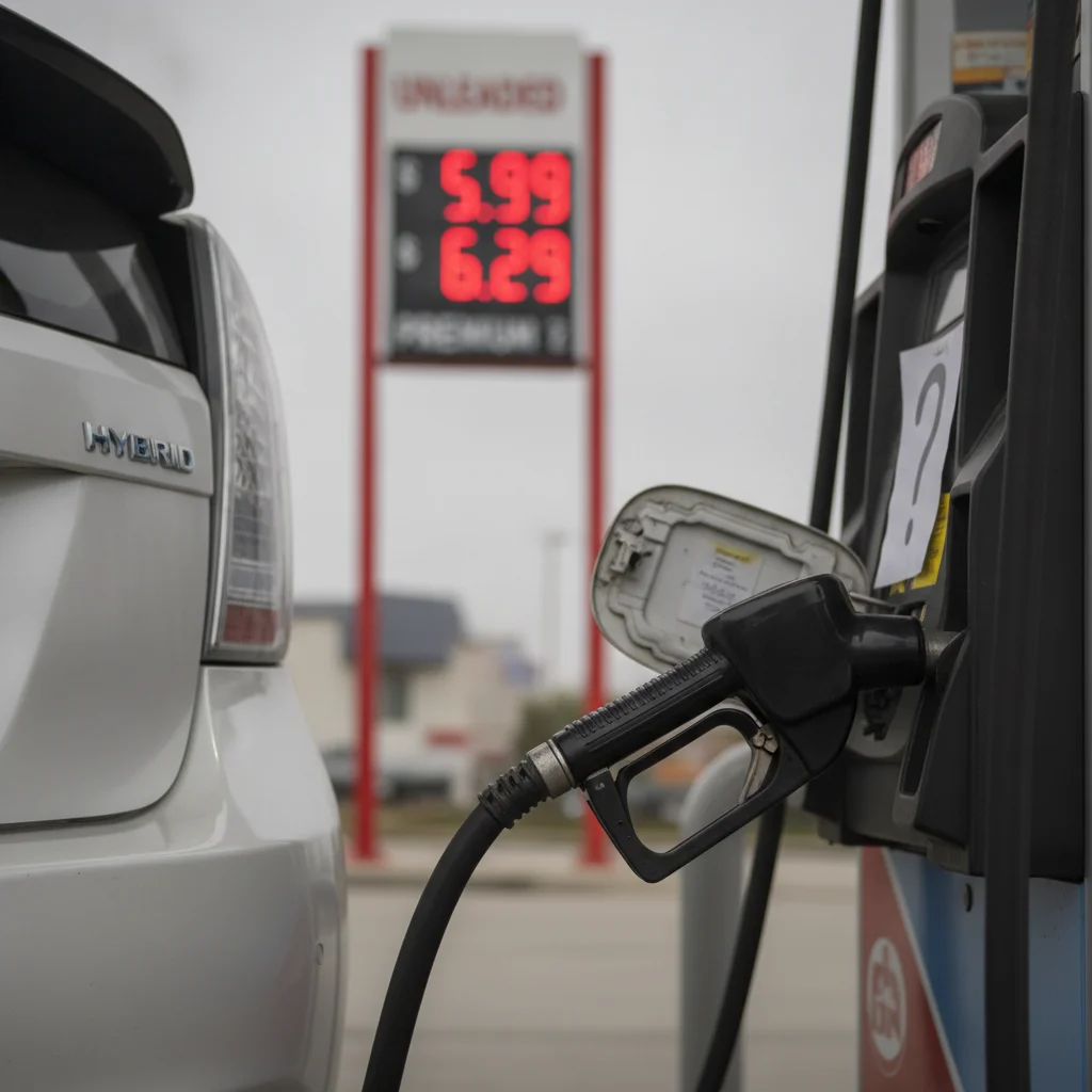 A gas pump nozzle inserted into a hybrid vehicle at a filling station showing high fuel prices.