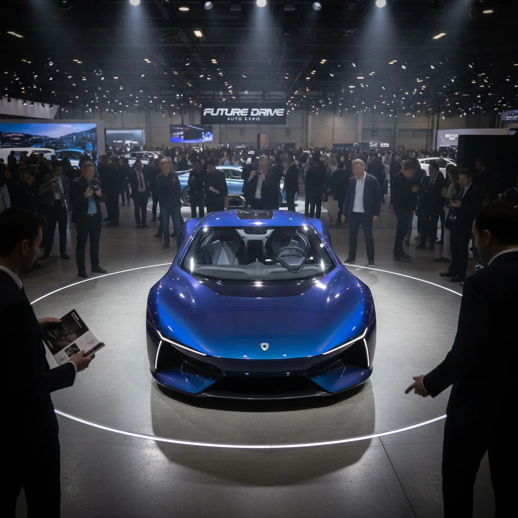 A sports coupe on display at an auto show under dramatic overhead lighting.
