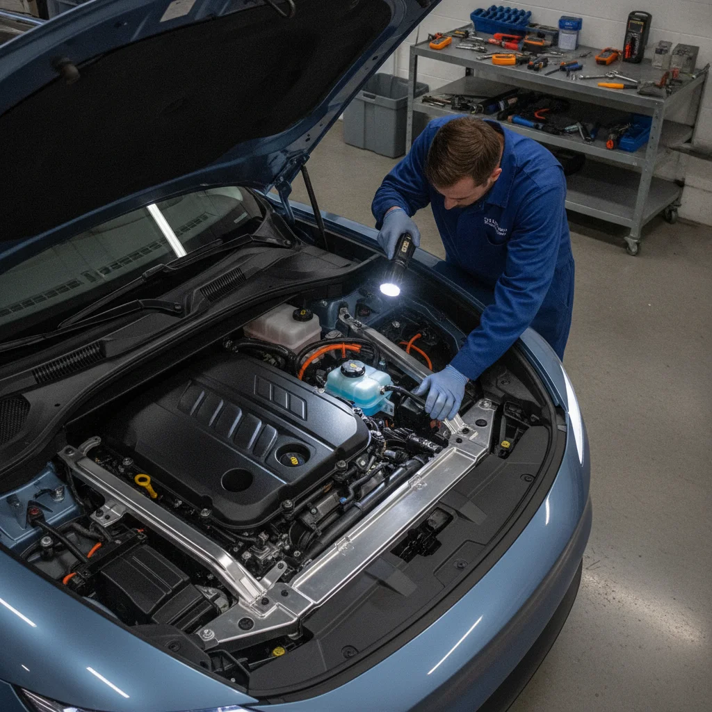 Technician inspecting the coolant reservoir level in an electric vehicle