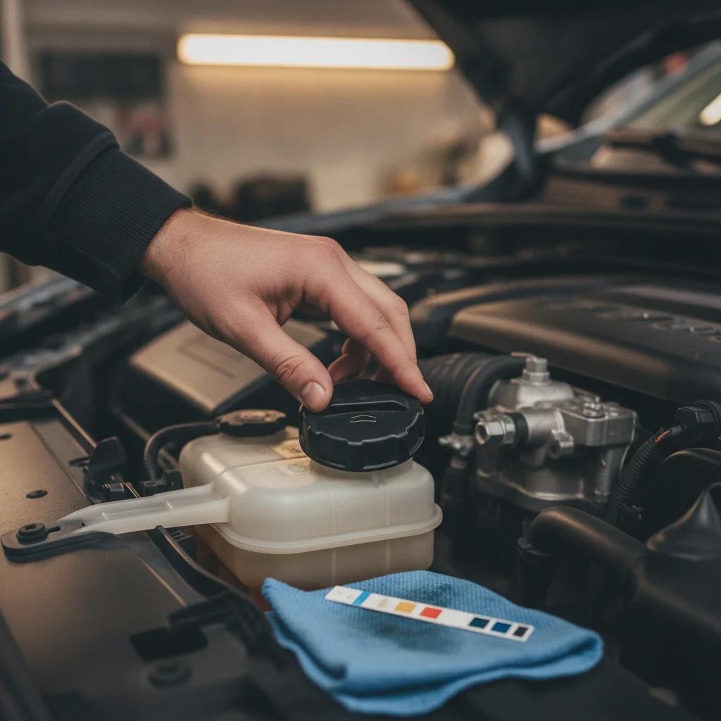 Brake fluid reservoir cap and moisture test strip for vehicle maintenance check