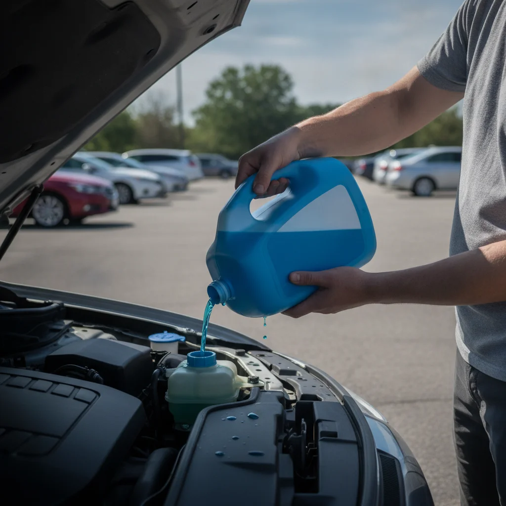 Person topping off windshield washer fluid reservoir on an electric vehicle