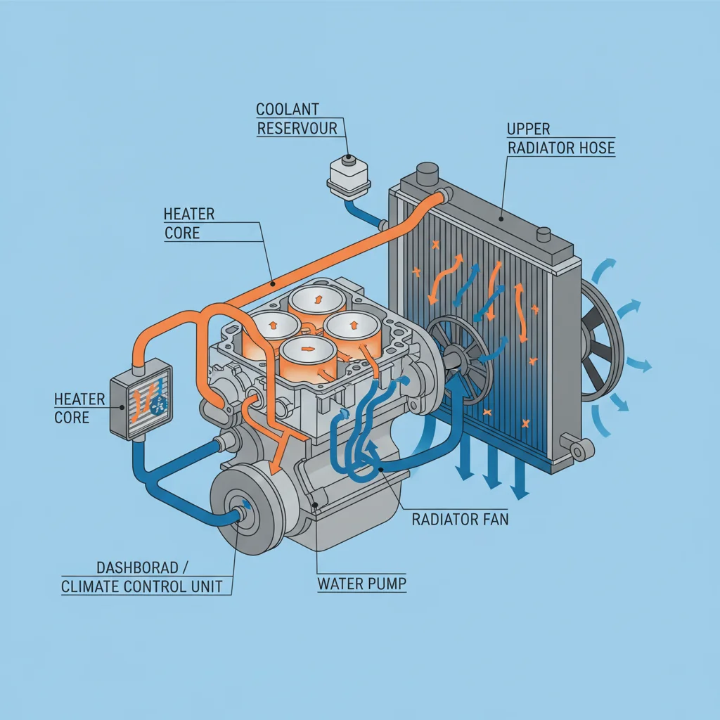 Diagram showing the path coolant takes through an engine block, radiator, water pump, and heater core