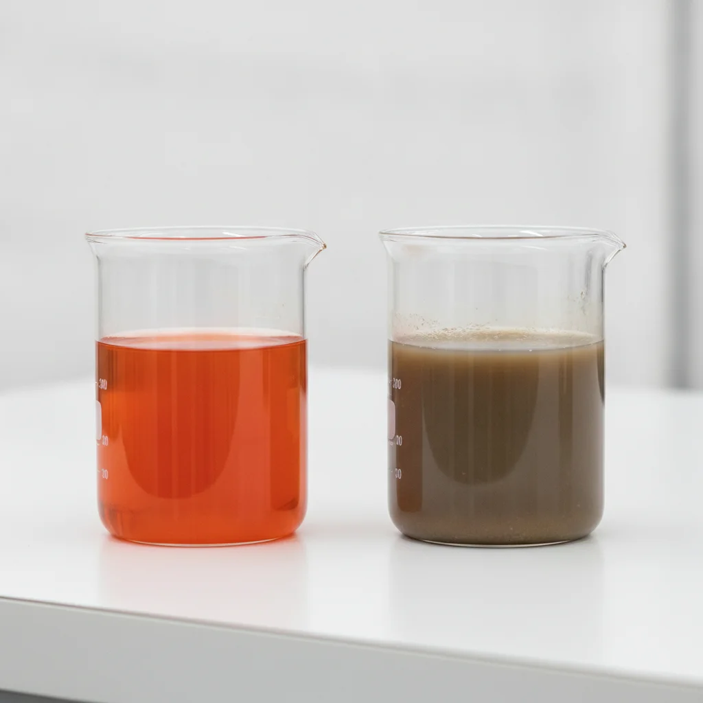 Two beakers of automotive coolant side by side — one fresh and bright, one degraded and murky brown