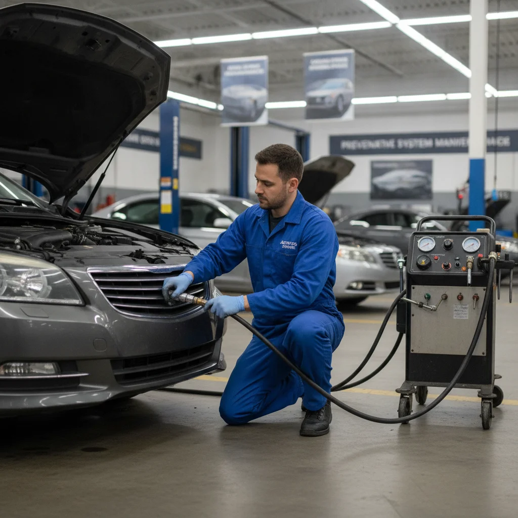 Automotive technician connecting a coolant flush machine to a car's cooling system in a service bay