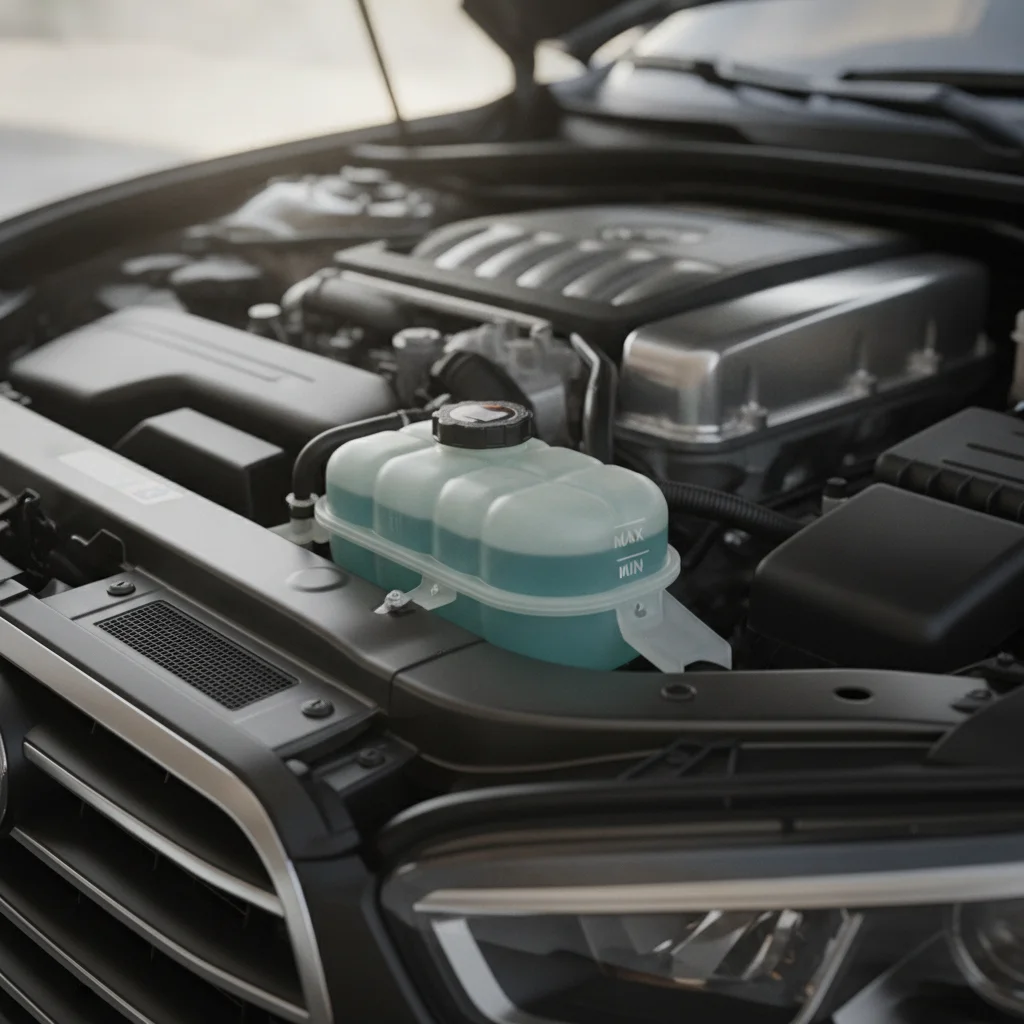 Car coolant reservoir tank under open hood showing MIN and MAX fill level markings