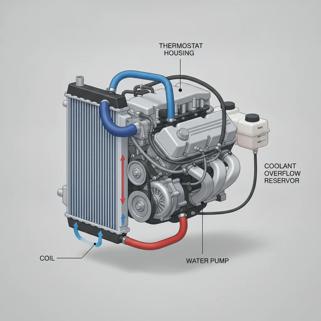 Diagram of a car cooling system showing radiator, hoses, water pump, and overflow reservoir