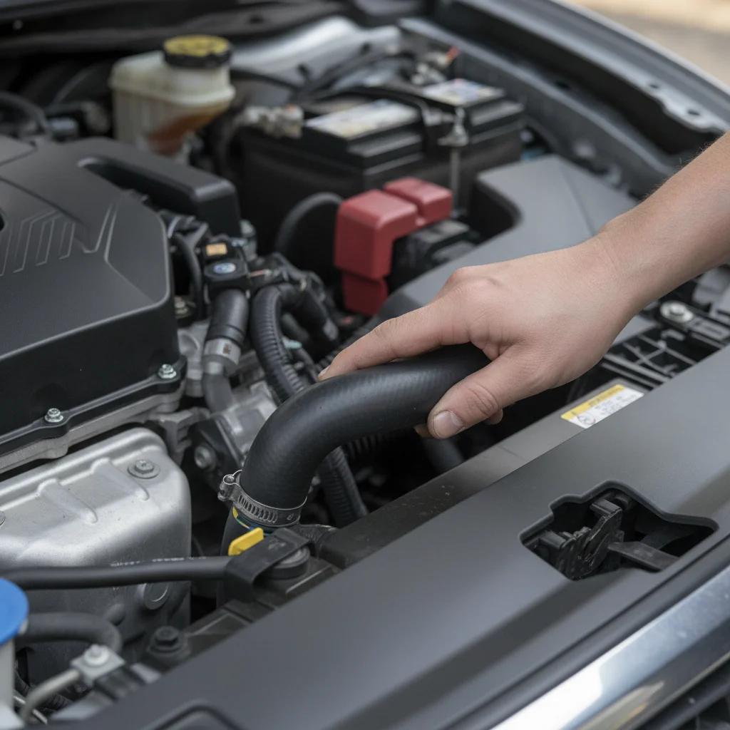 Hand squeezing a radiator hose during a vehicle inspection to check for softness or cracks