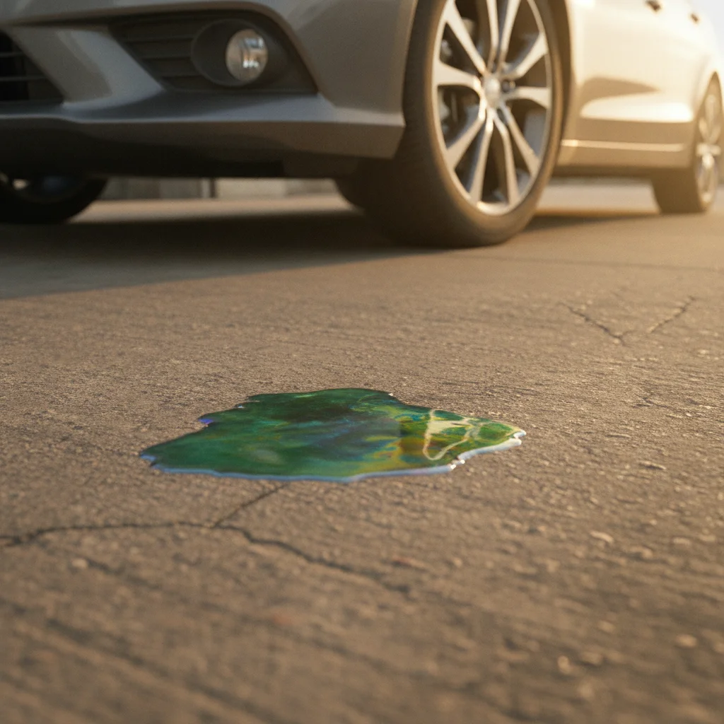 Small green coolant puddle visible on driveway concrete beneath the front of a parked car