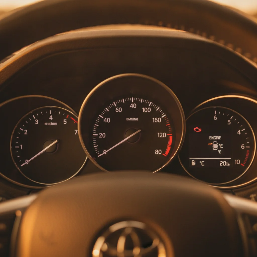 Car dashboard temperature gauge with needle climbing toward the red zone warning area