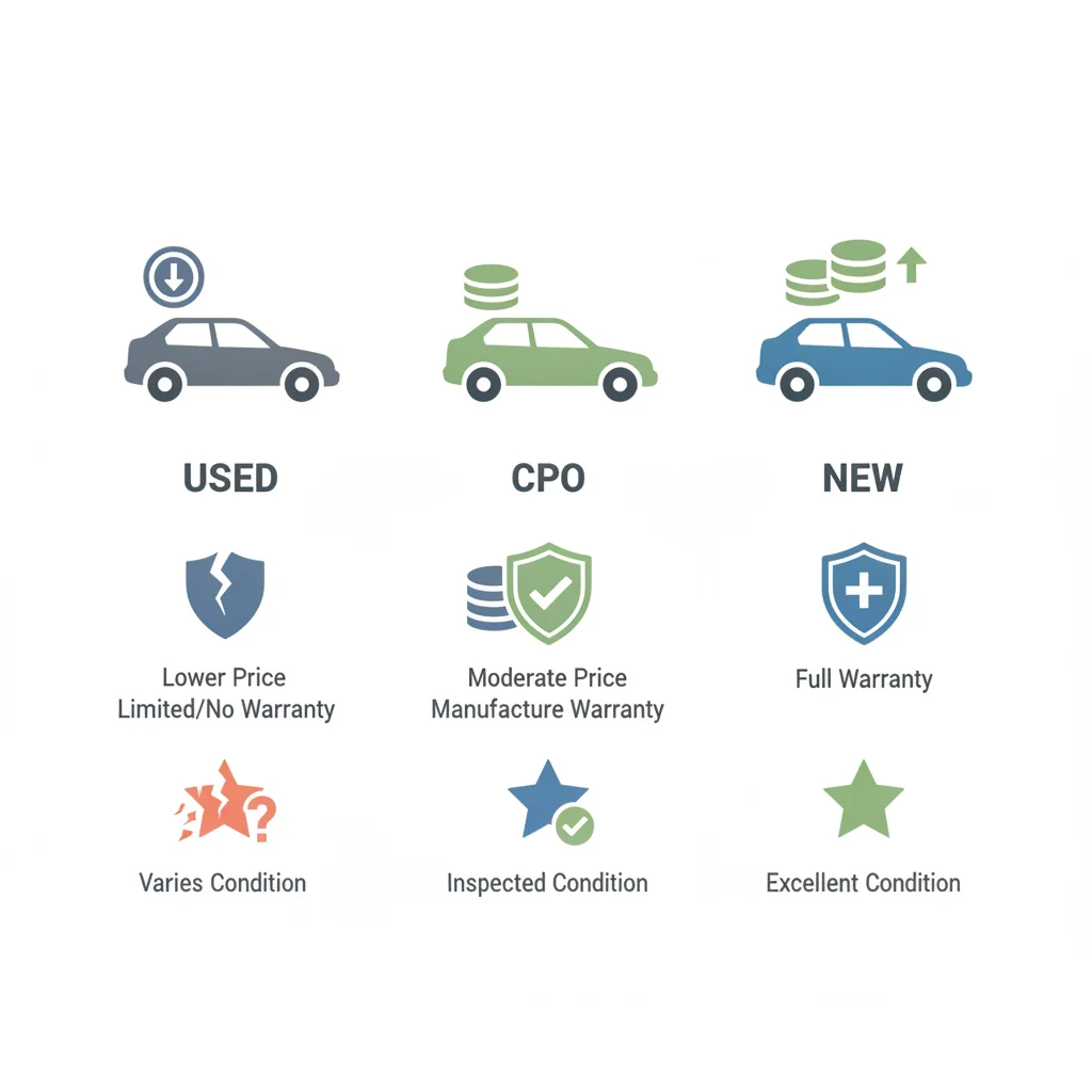 Infographic comparing used, certified pre-owned, and new car options across price, warranty, and condition