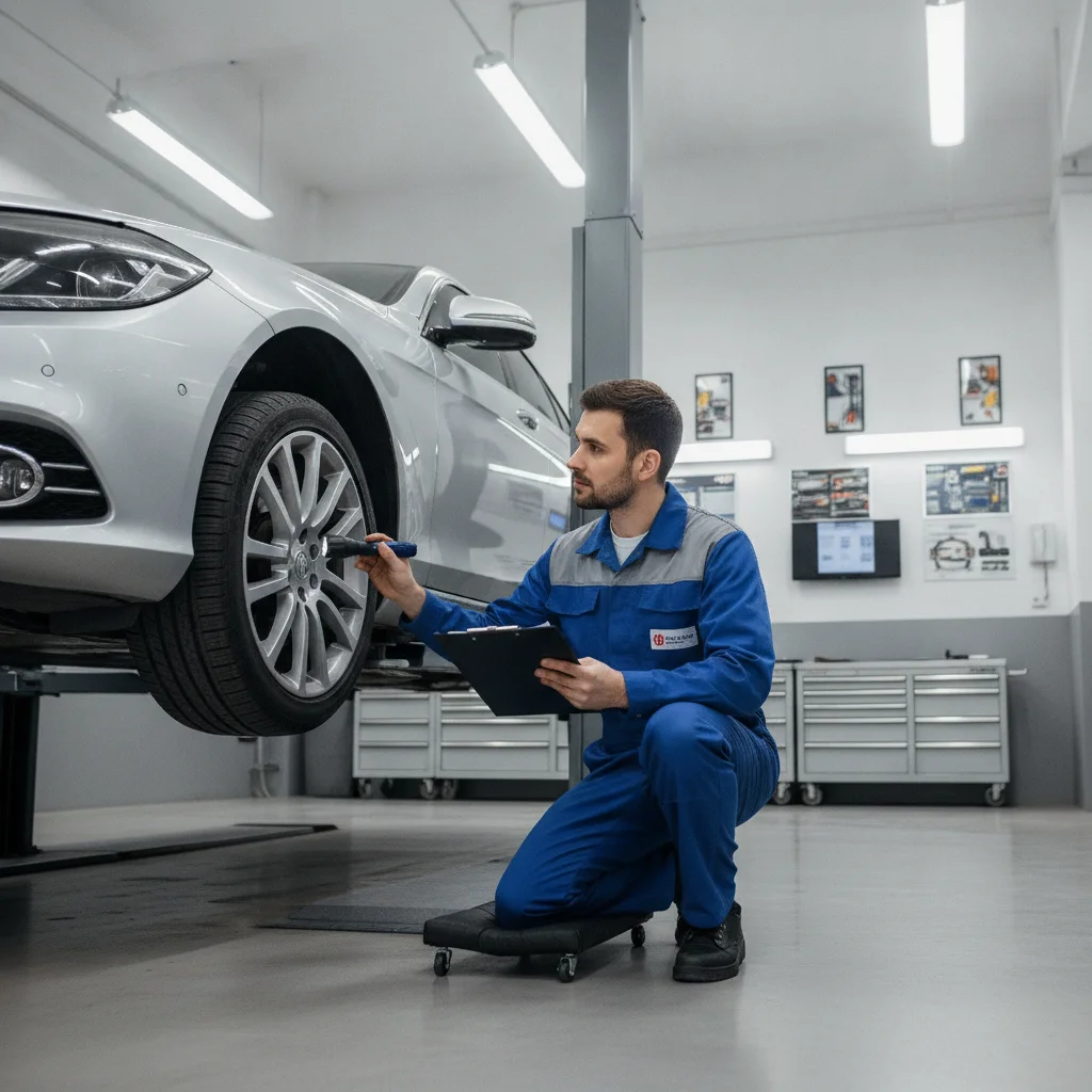 Mechanic inspecting the underside of a vehicle during a multi-point certified pre-owned inspection
