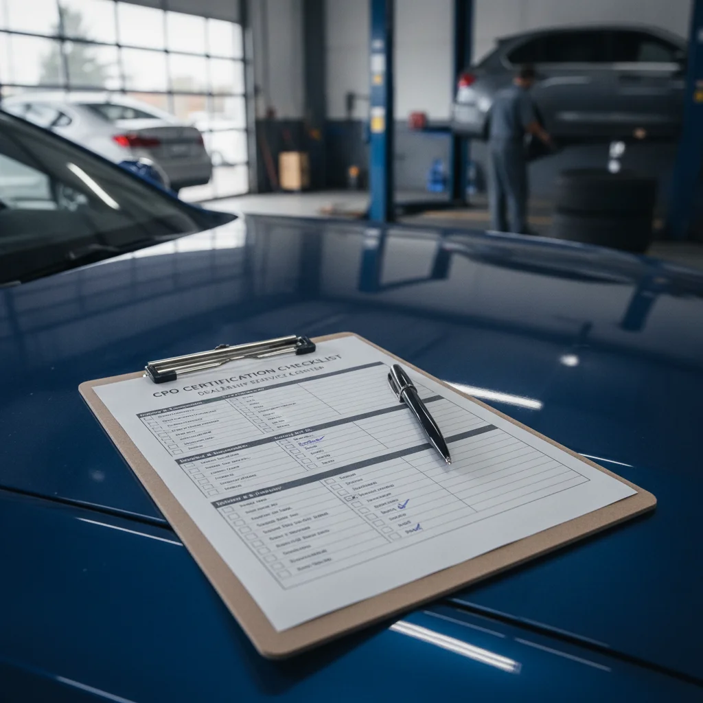 CPO inspection checklist on a clipboard resting on the hood of a vehicle at a dealership