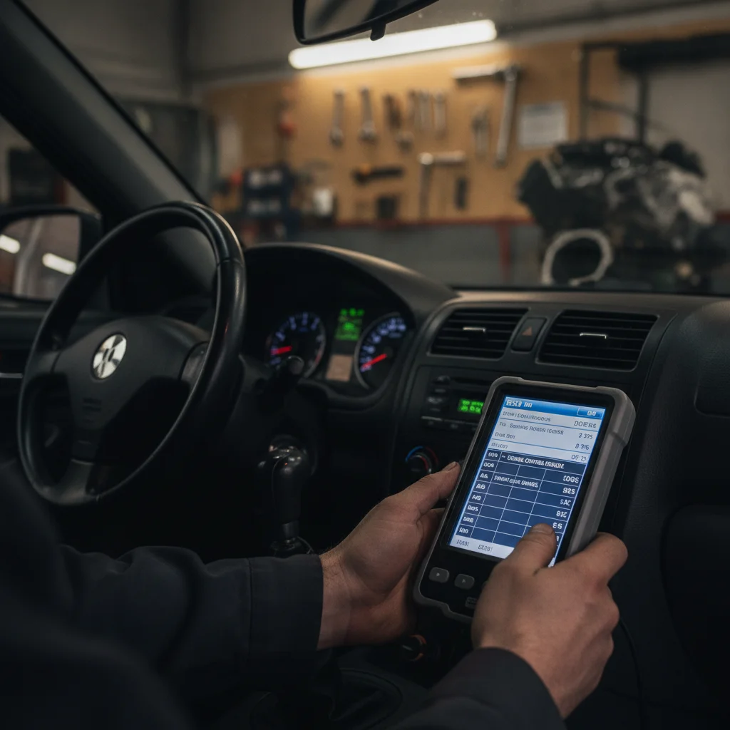 Mechanic running a full diagnostic scan on a vehicle using an OBD-II scanner in a service bay