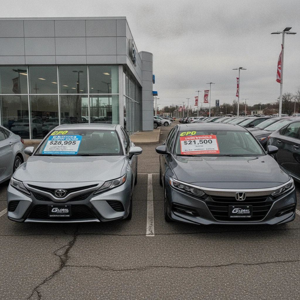 Two used vehicles parked side by side on a dealership lot showing CPO and standard price tags