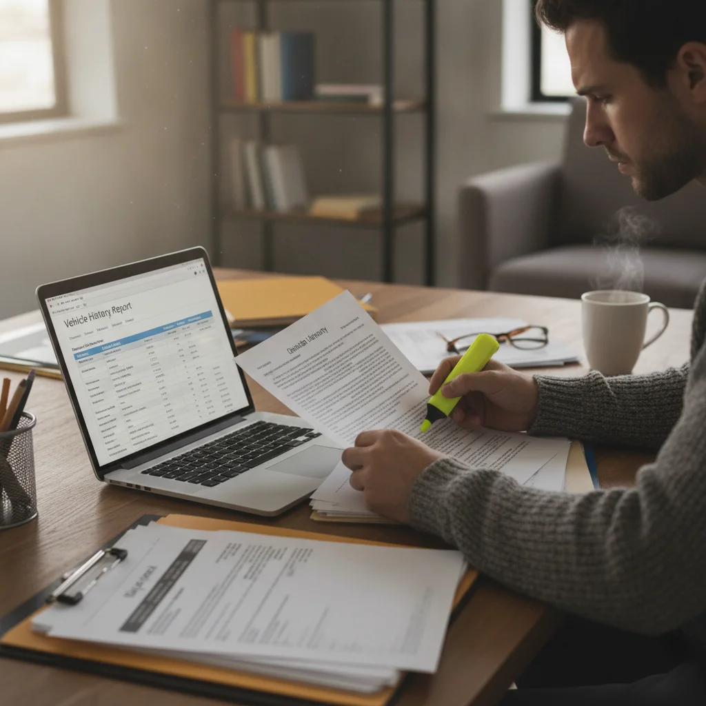 Buyer reviewing CPO warranty documents and vehicle history report at a desk before purchase