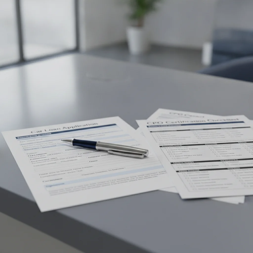 A car loan application form alongside a CPO certification checklist on a dealership desk with a pen